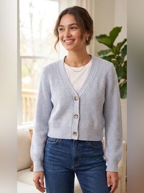 Ruby Moon Light Blue Button Front Cropped Cardigan